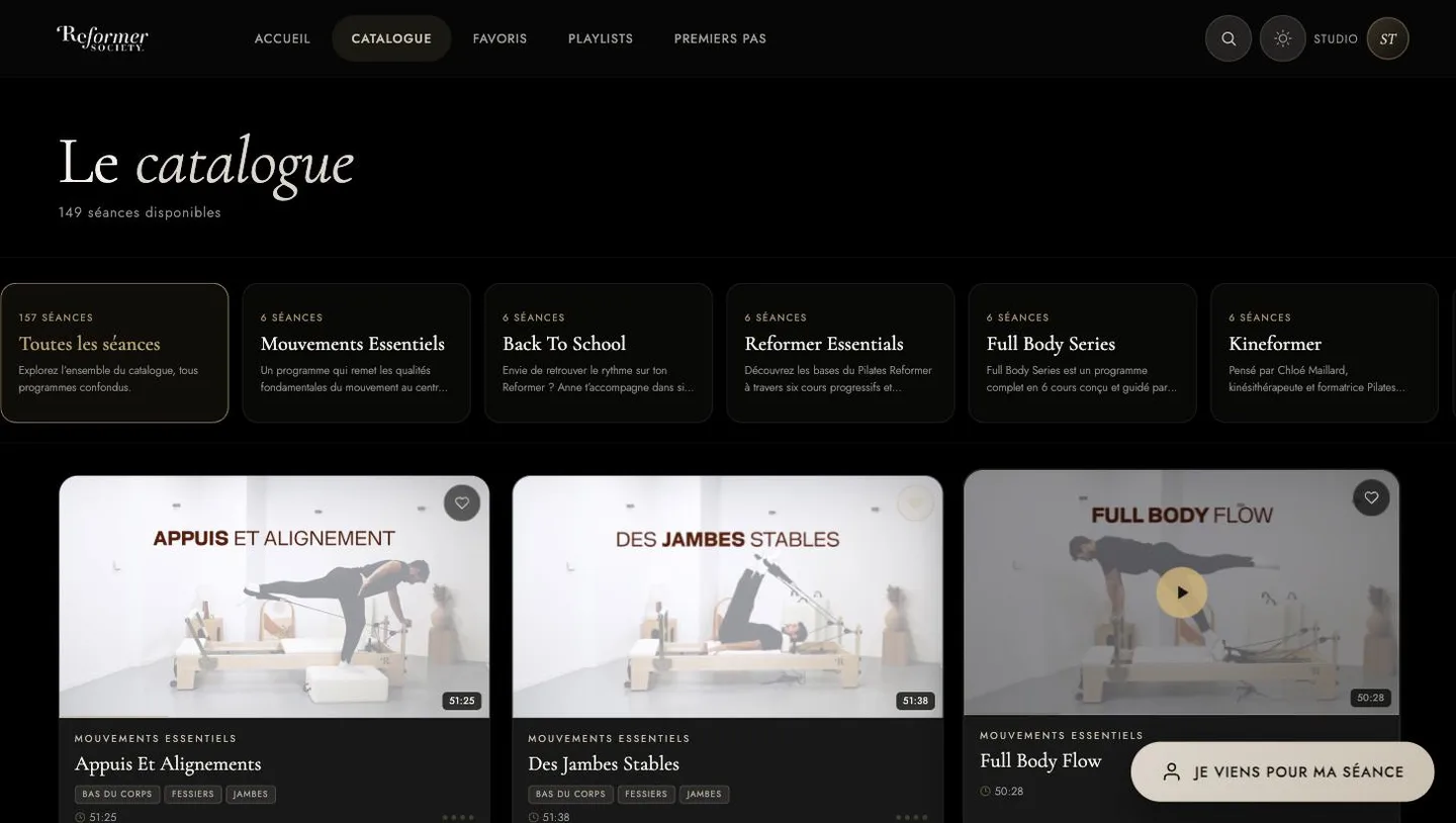 Catalogue de la plateforme : programmes et séances avec durée et tags